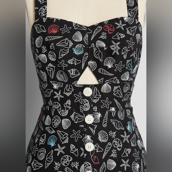ModCloth Seashore Shells Dress Linen Pinup Cutouts Retro Coastal Black 10 - Picture 4 of 6